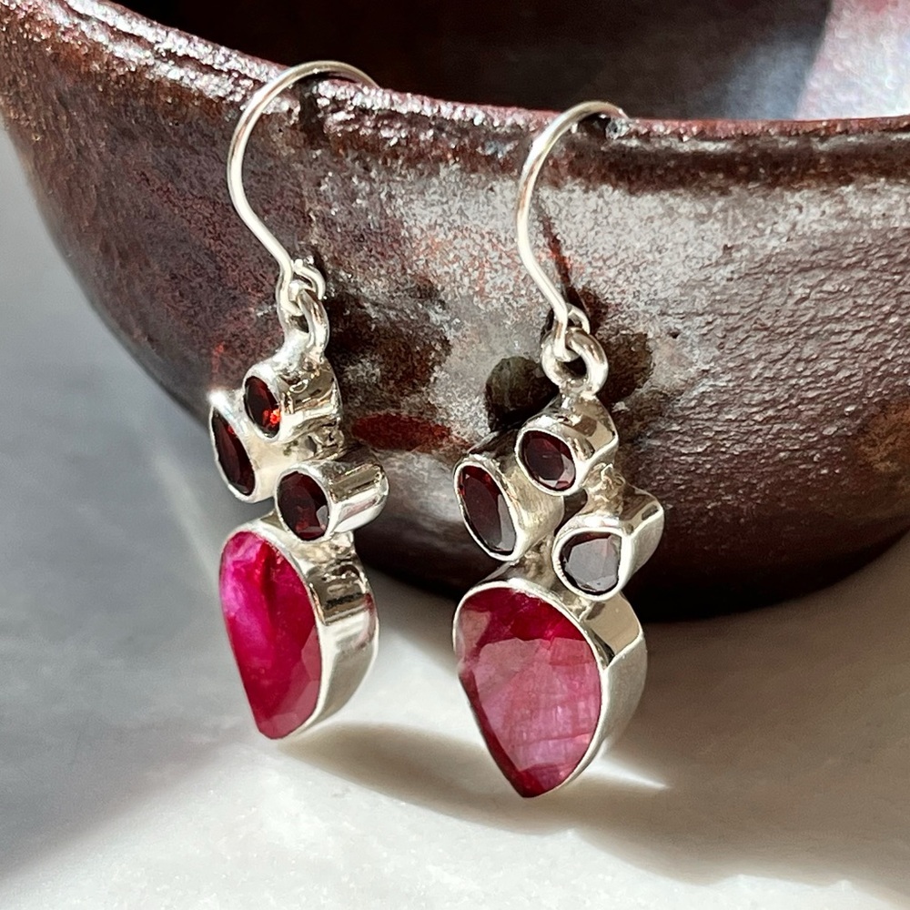 Sterling Silver Ruby and Garnet Drop Earrings